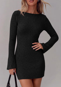 PRETTYGARDEN Womens Fall Bell Long Sleeve Mini Dress 2026 Casual Boat Neck Ribbed Bodycon Short Party Cocktail Dresses