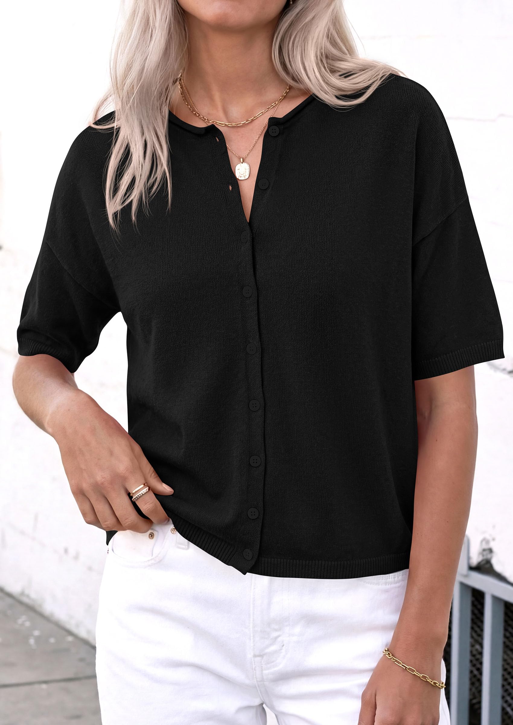 PRETTYGARDEN Women Spring Short Sleeve Cardigan Sweaters Button Down Knit Shirt Blouse Dressy Casual Tops Summer Outfits PRETTYGARDEN