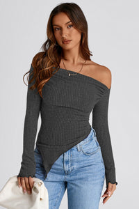 Long Sleeve Y2K Crop Top Trendy Off Shoulder Asymmetrical Fitted Knit Tee Shirts Going Out Tops