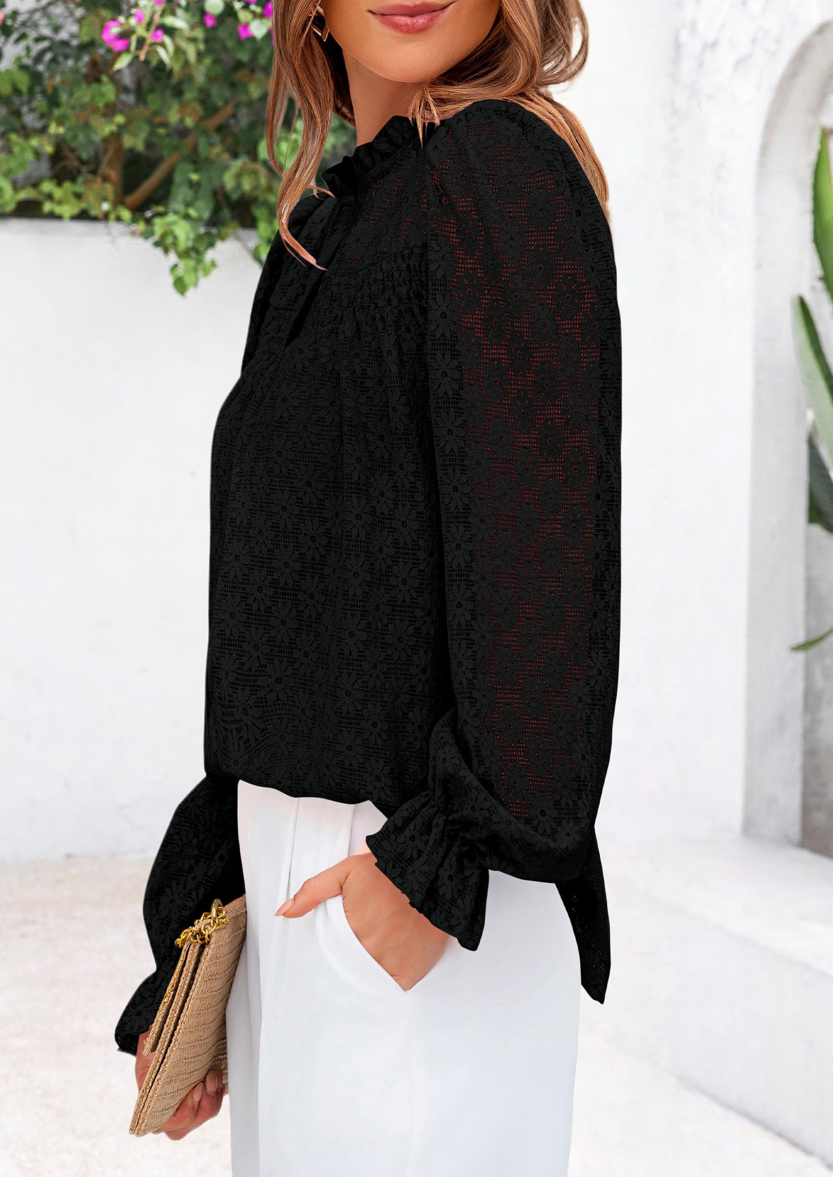 PRETTYGARDEN Lace Long Sleeve Tops for Women Eyelet Blouses Dressy Casual Hollow Out Button Down Shirts Summer Outfits