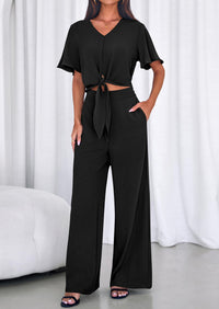 PRETTYGARDEN Women 2 Piece Summer Outfits Short Sleeve Strappy Top Wide Leg Pants Tracksuit Lounge Sets Beach Clothes PRETTYGARDEN