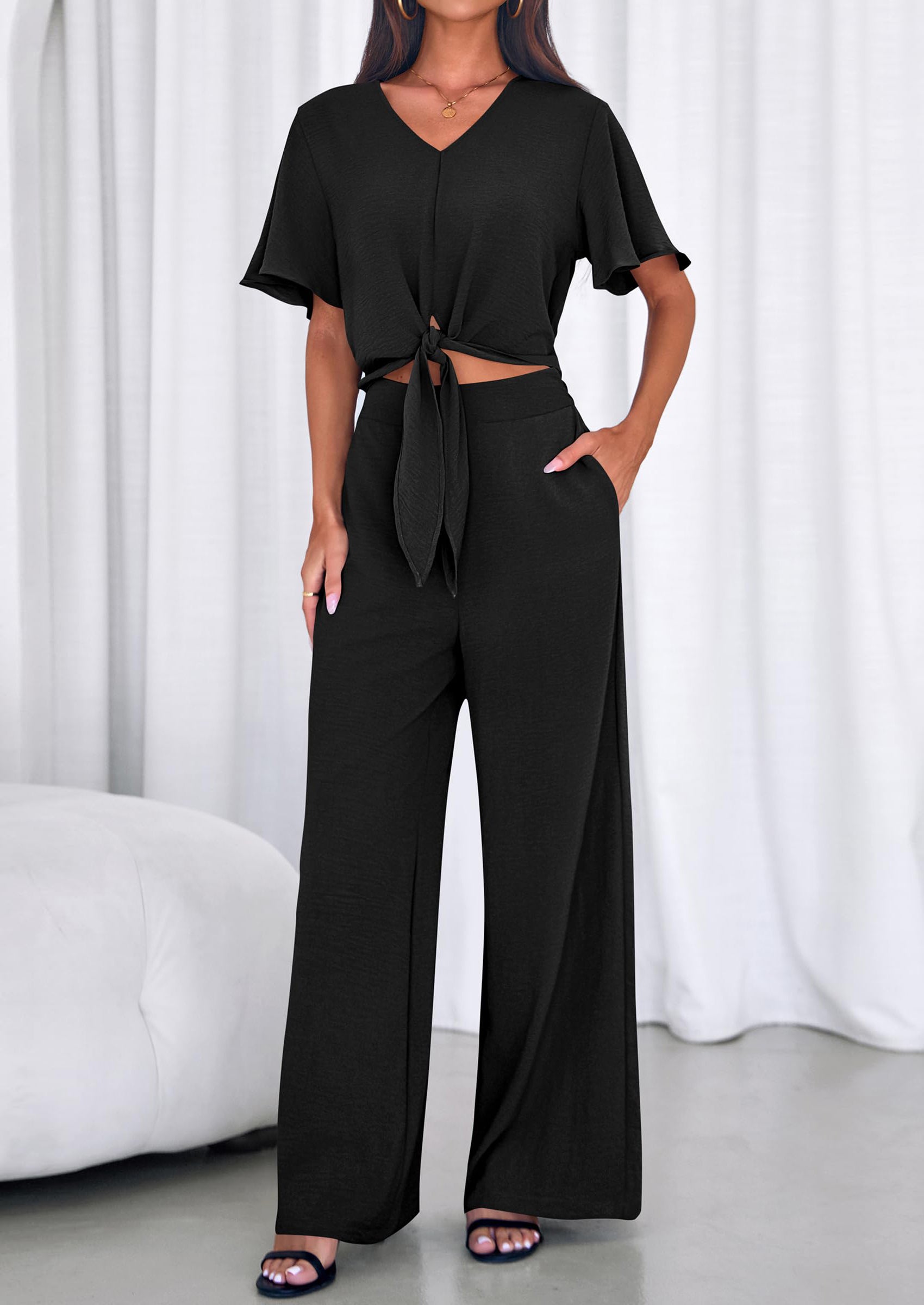 PRETTYGARDEN Women 2 Piece Summer Outfits Short Sleeve Strappy Top Wide Leg Pants Tracksuit Lounge Sets Beach Clothes PRETTYGARDEN