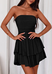 PRETTYGARDEN Women's Summer Strapless Tube Mini Dress Off Shoulder Smocked Ruffle A Line Flowy Short Party Club Dresses