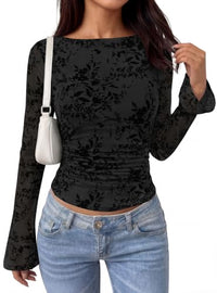PRETTYGARDEN Women's Bell Sleeve Floral Mesh Crop Tops | Slim Fitted Shirts, Long Sleeve Going Out Top, Ruched Front, Boat Neck, Casual Blouses, Fall Date Night Outfits, Y2K Clothes