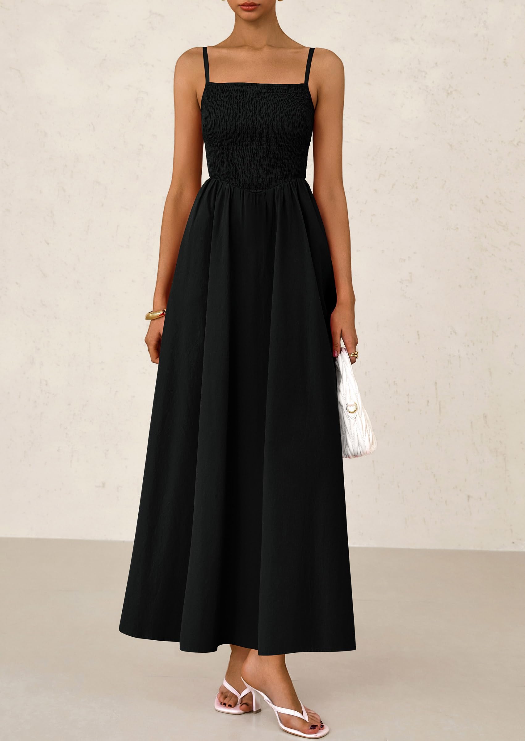 PRETTYGARDEN Women's Smocked Maxi Dresses Beach Sundress Casual Spaghetti Strap Swing A Line Long Flowy Dress