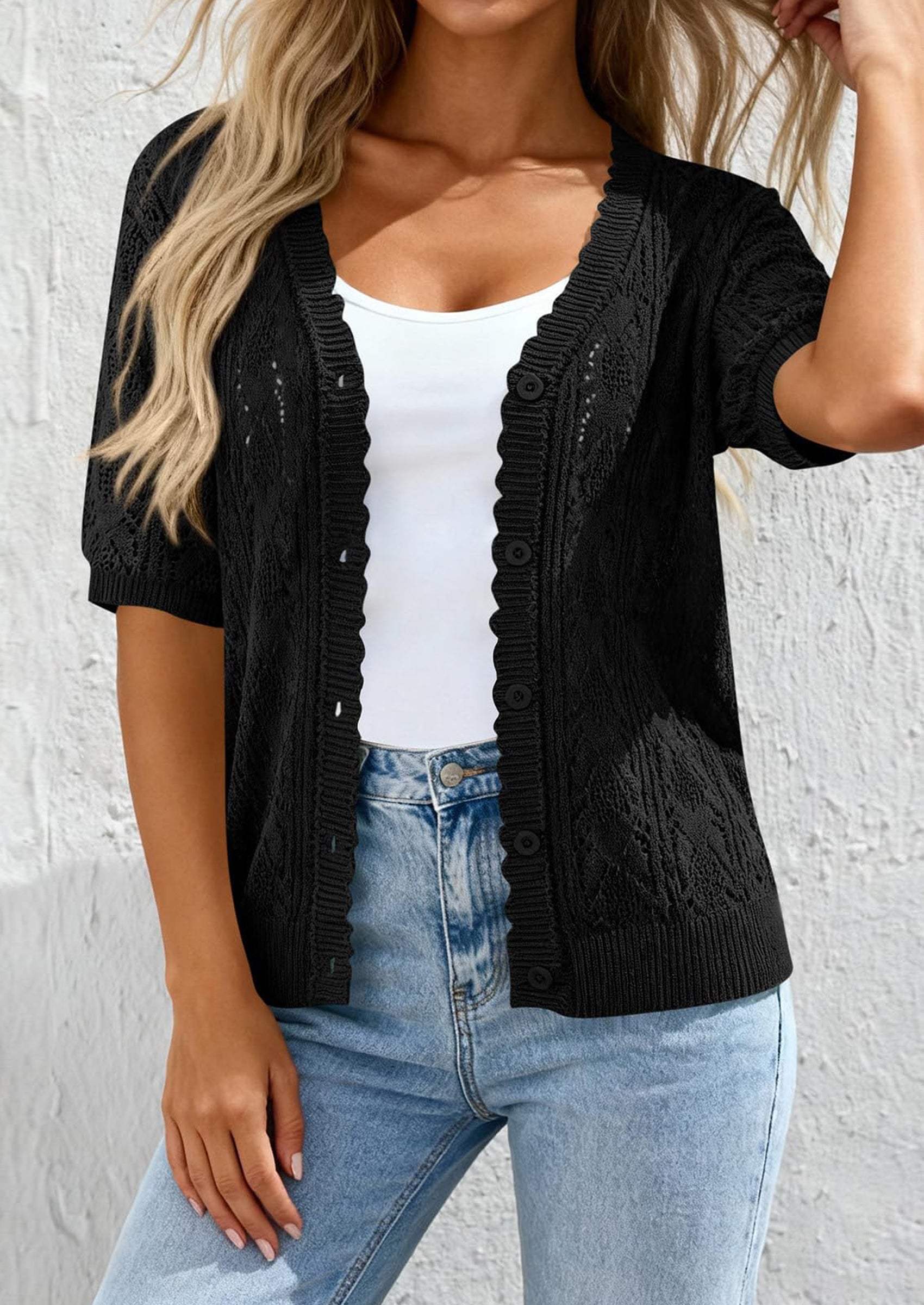 PRETTYGARDEN Short Sleeve Crochet Knit Summer Cardigans for Women Lightweight Button Down Hollow Out Sweater Beach Cover Up PRETTYGARDEN