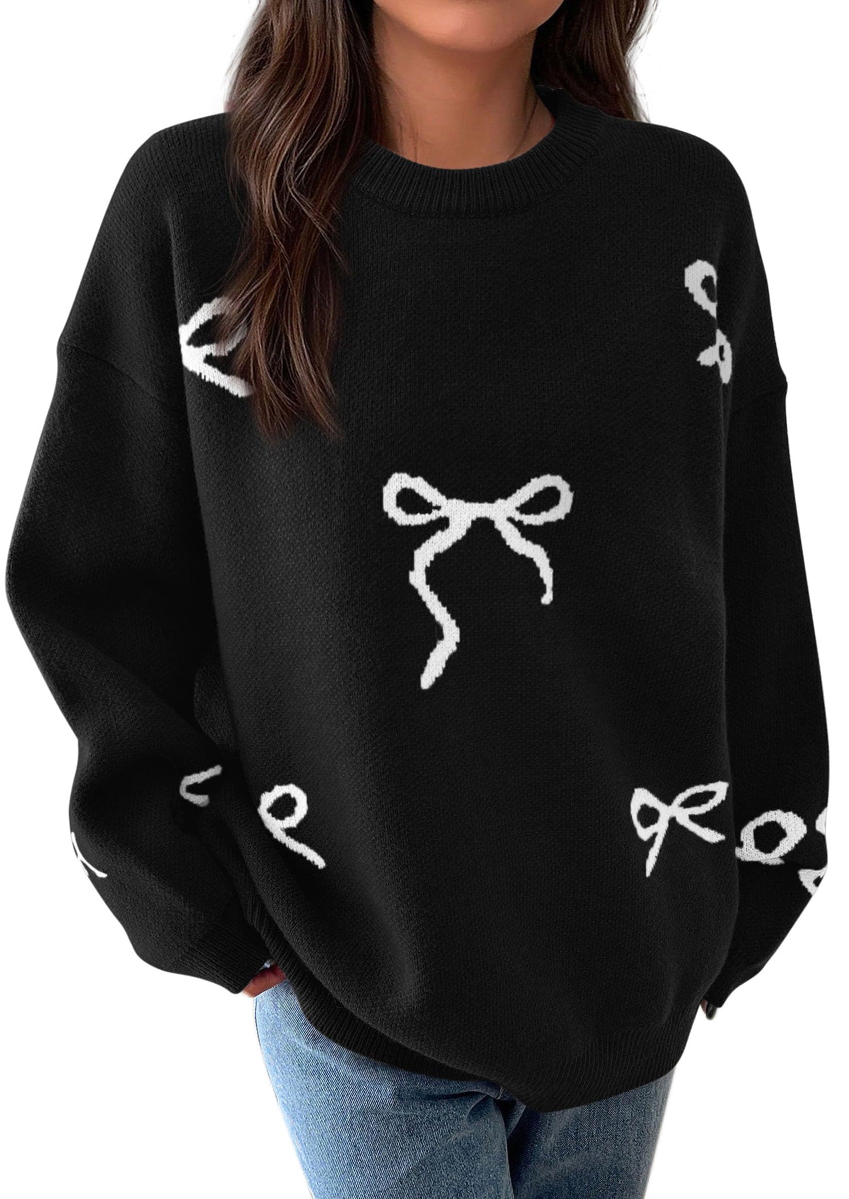 PRETTYGARDEN Fall Long Sleeve Pullover Sweaters for Women Trendy Crewneck Casual Cute Bow Chunky Knit Oversized Sweater