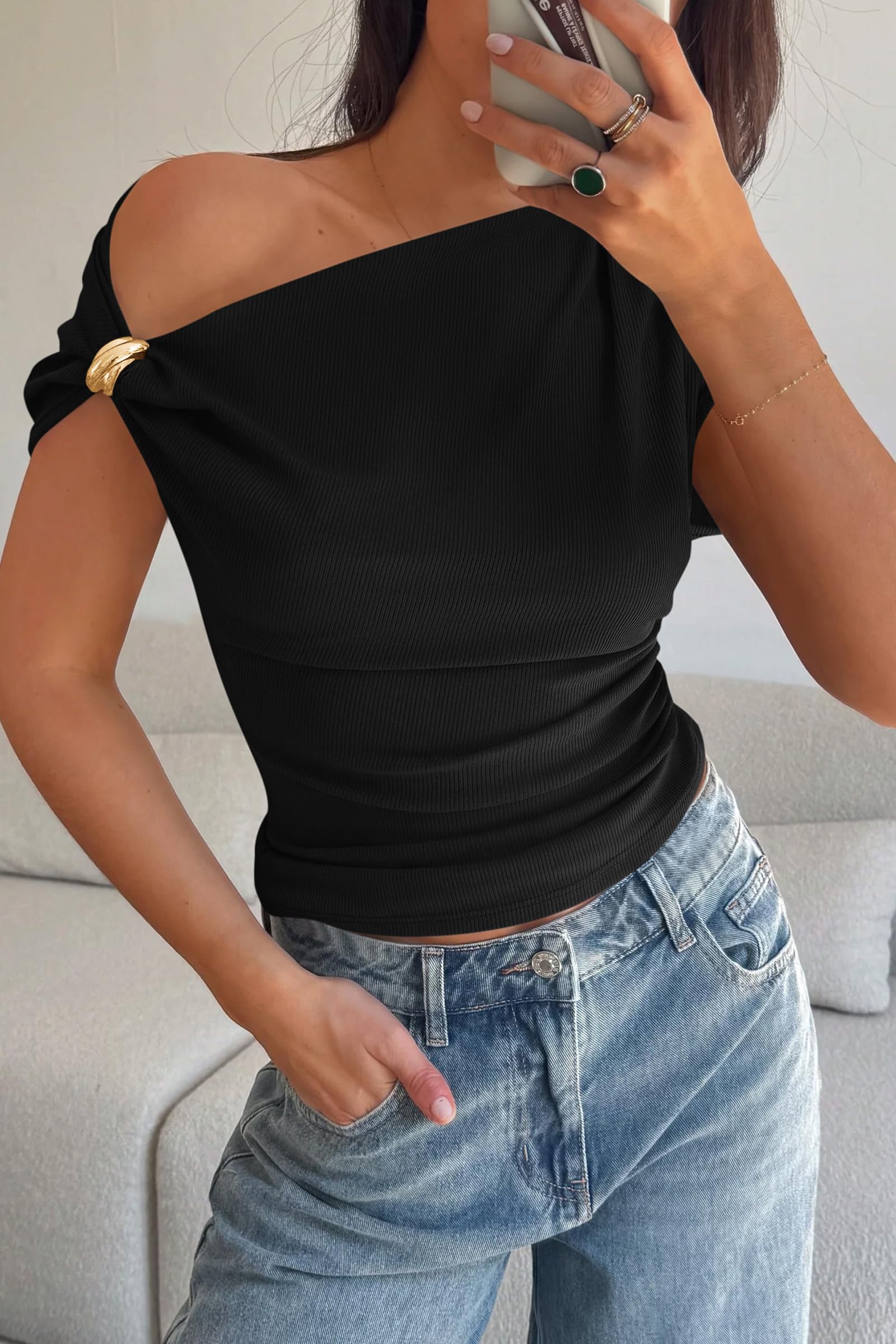 PRETTYGARDEN Womens Summer Off The Shoulder Crop Tops Ribbed Going Out Fitting T Shirts Trendy Spring Y2k Clothes PRETTYGARDEN