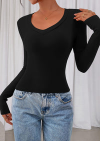 PRETTYGARDEN Womens Long Sleeve T Shirts Fall Trendy Deep V Neck Slim Fit Basic Crop Tops Casual Going Out Top