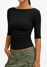 PRETTYGARDEN Womens Summer Short Sleeve Tops Boat Neck Ribbed Knit Slim Fit T Shirt Casual Basic Top Spring Clothes PRETTYGARDEN