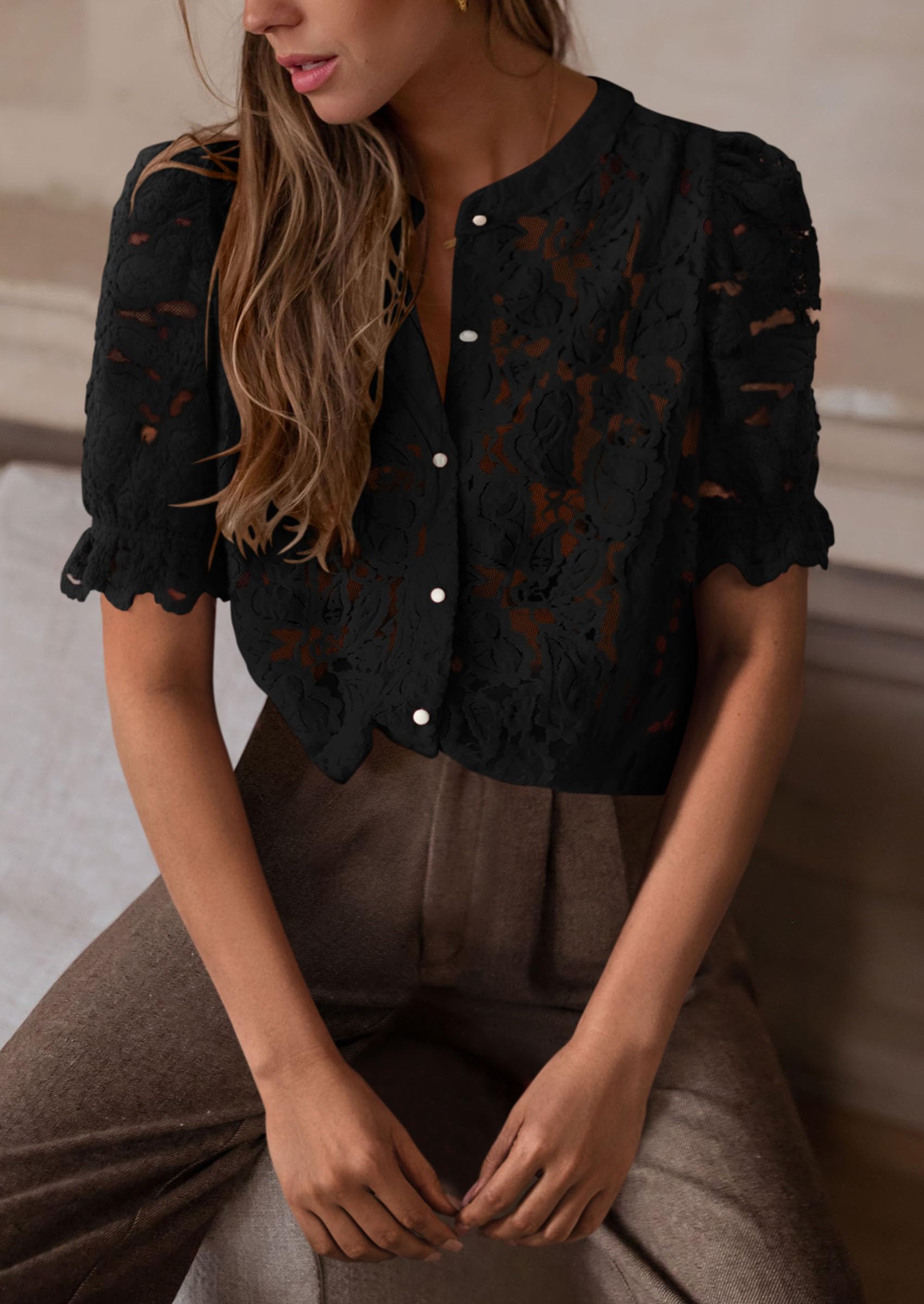 PRETTYGARDEN Womens Spring Lace Tops Short Puff Sleeve Casual Dressy Blouses Eyelet Crew Neck Button Down Shirts