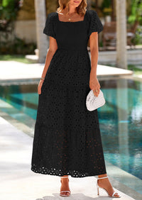 PRETTYGARDEN Dresses for Women Eyelet Square Neck Puff Sleeve Smocked Wedding Guest Maxi Dress with Pockets