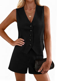 PRETTYGARDEN 2 Piece Sets for Women Spring Fashion Button Vest Tops High Waist Shorts Summer Business Casual Outfits PRETTYGARDEN