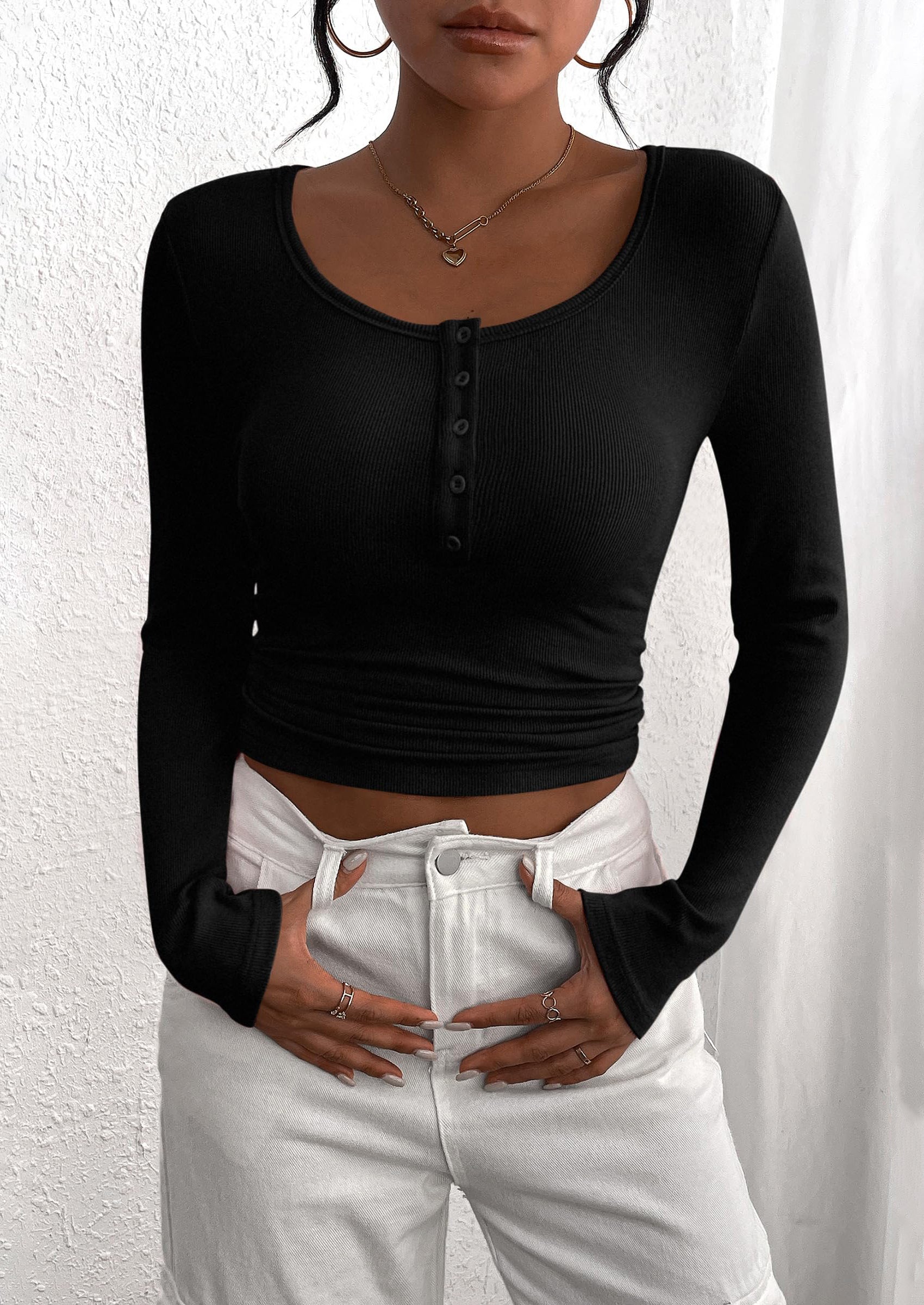 PRETTYGARDEN Women's Spring Fall Long Sleeve Henley T Shirts Button Ribbed Knit Slim Fit Casual Basic Tops Blouse