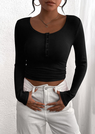 PRETTYGARDEN Women's Spring Fall Long Sleeve Henley T Shirts Button Ribbed Knit Slim Fit Casual Basic Tops Blouse