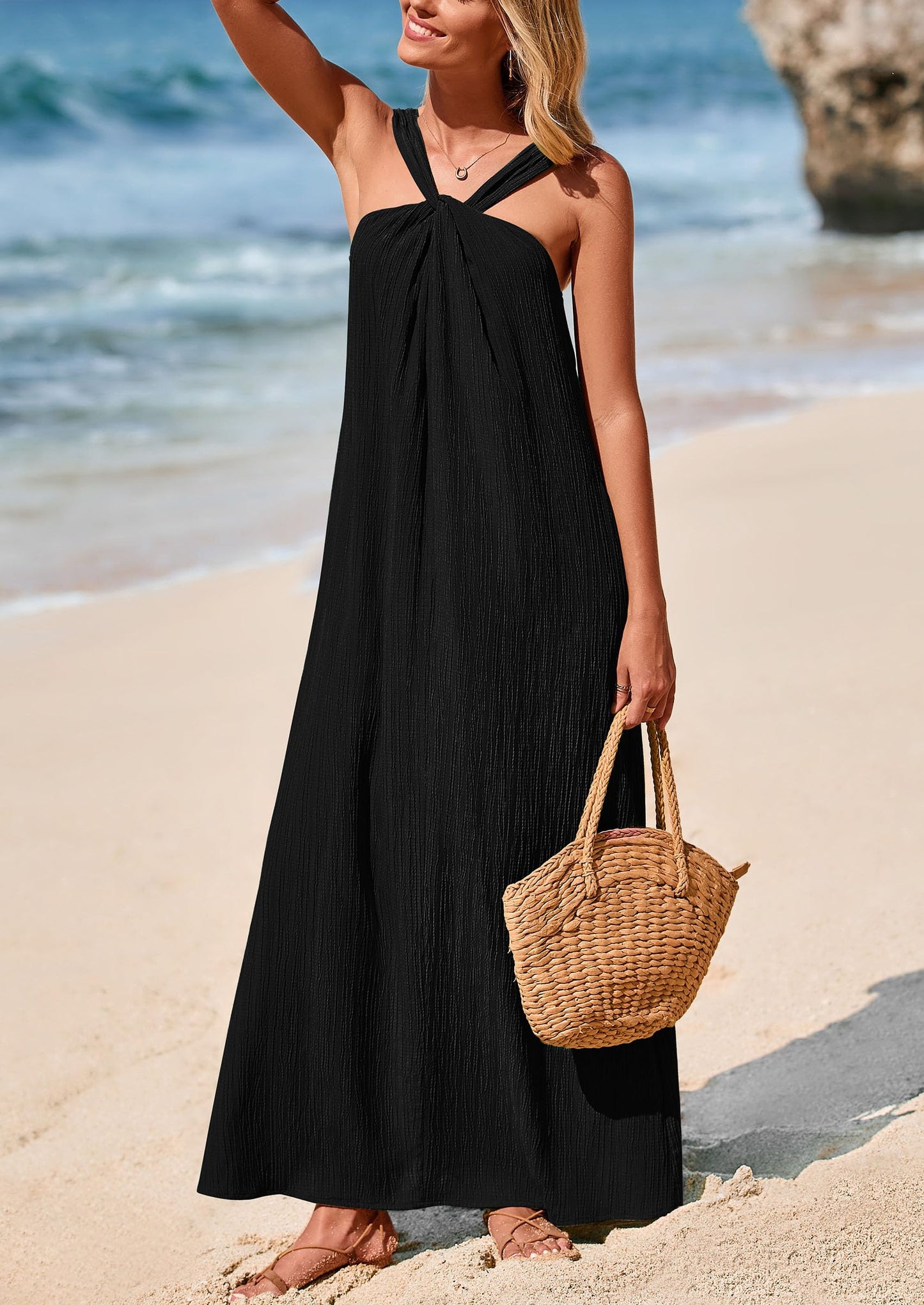 Womens 2025 Casual Long Summer Dresses Sleeveless Strappy Loose Flowy Beach Vacation Maxi Dress with Pockets