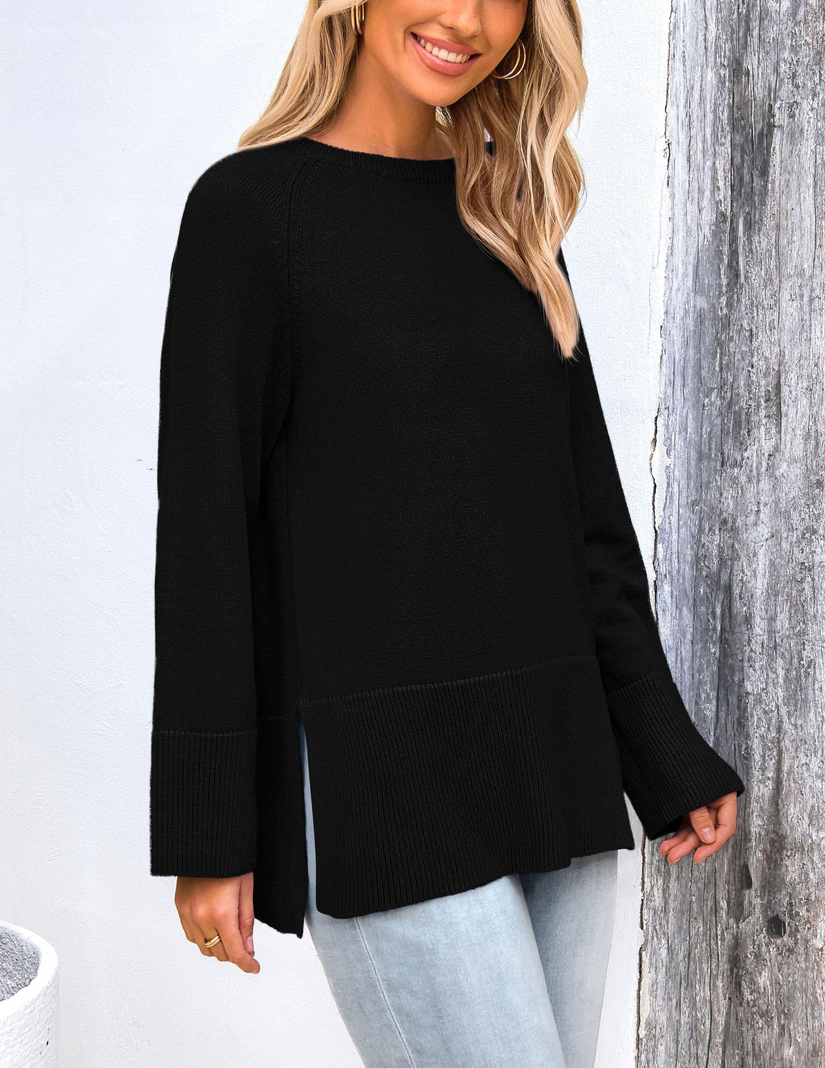 Women's Fall Knit Sweaters Long Sleeve Pullover Crewneck Split Hem Loose Oversized Tunic Sweater Top