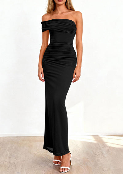 PRETTYGARDEN Women's Wedding Guest Cocktail Dresses One Off The Shoulder Ruched Bodycon Formal Maxi Party Summer Outfits PRETTYGARDEN