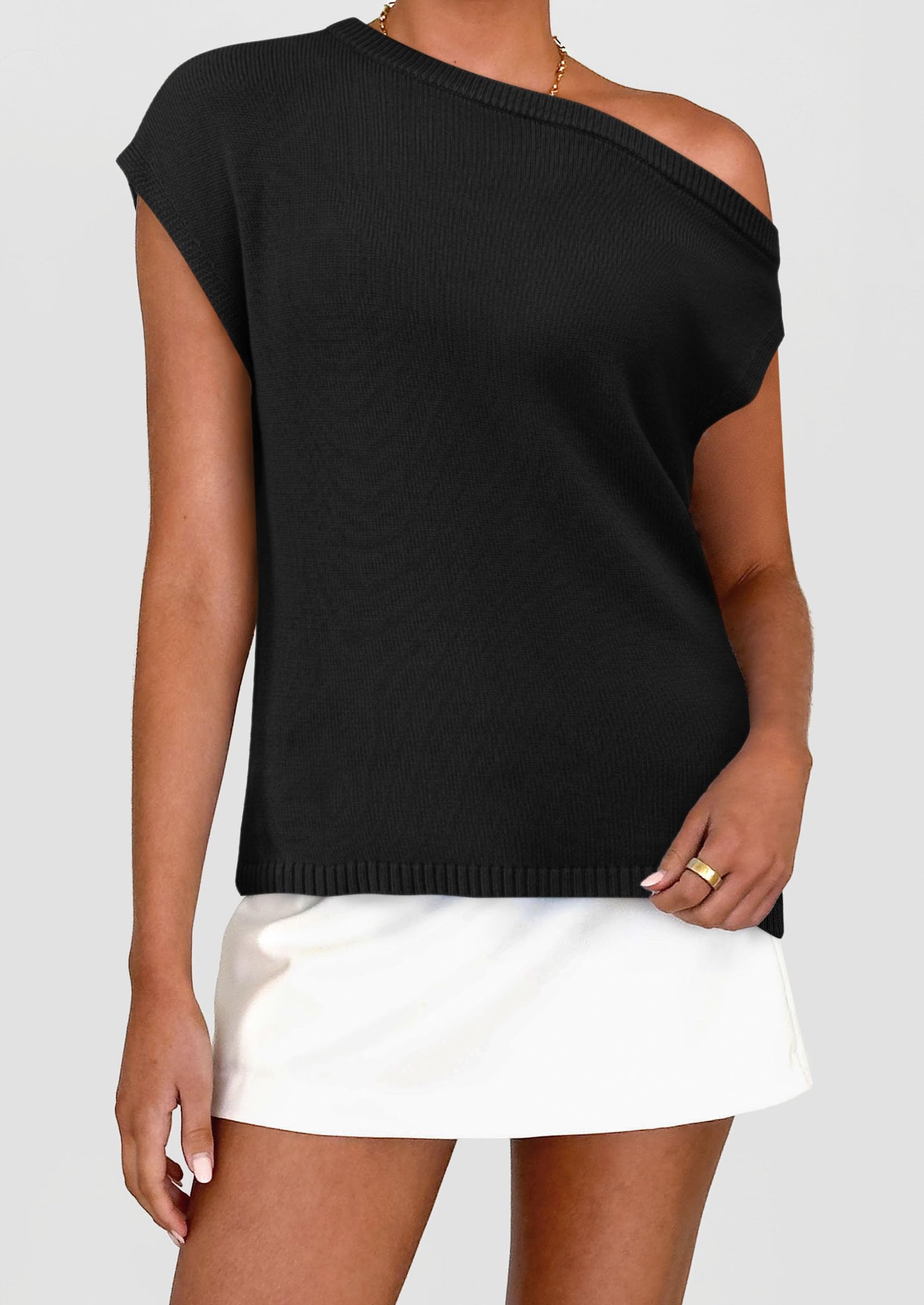 PRETTYGARDEN Womens Off The Shoulder Tops Summer Casual Short Sleeve Tunic T Shirts Lightweight Knit Sweaters