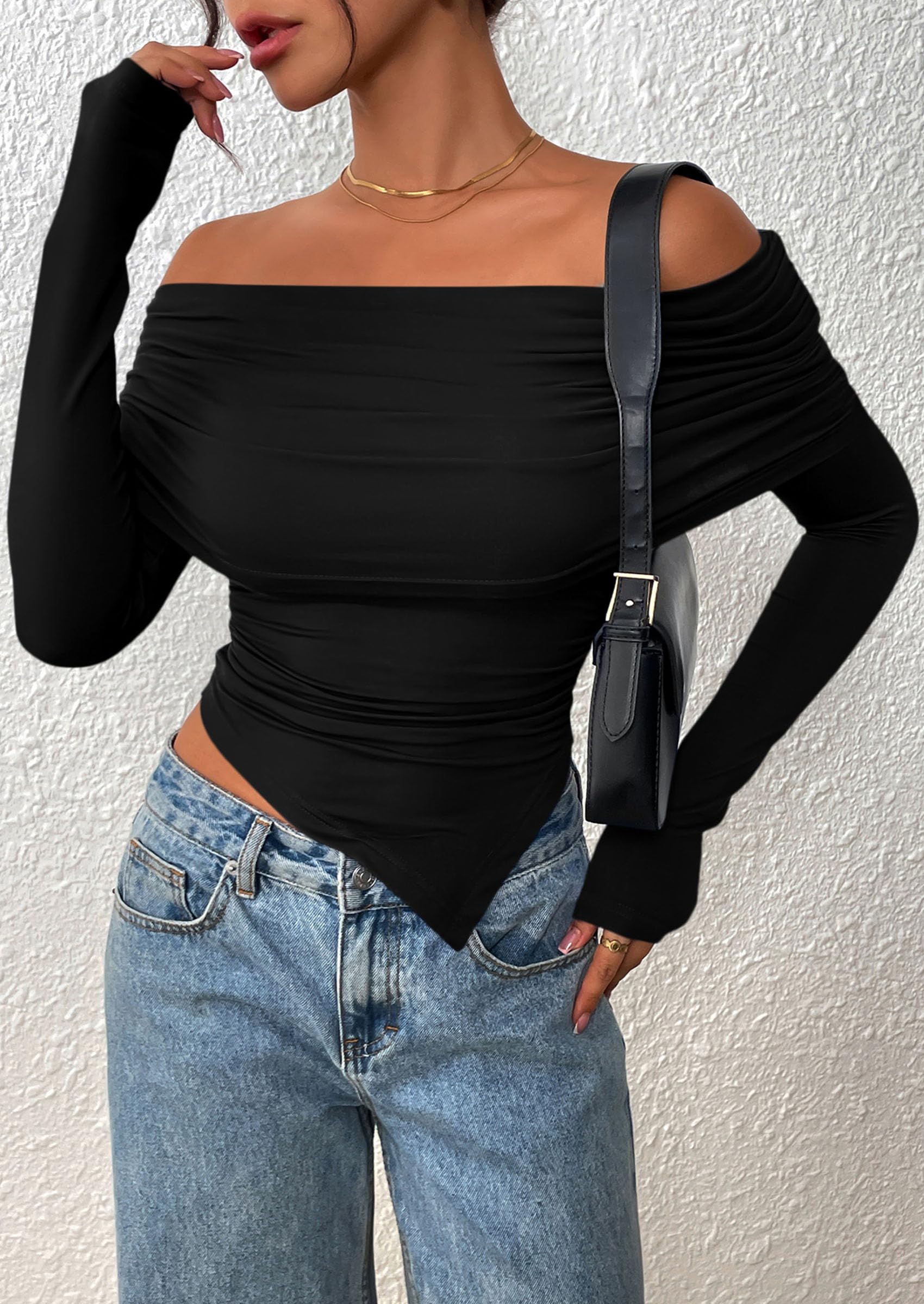 PRETTYGARDEN Women's Long Sleeve Shirts Off Shoulder Tops Going Out Slim Fitted Y2K Blouses Fall Fashion Clothes