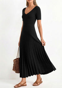 PRETTYGARDEN Women's Spring Midi Sweater Dresses Elegant Pleated Ribbed Knit Short Sleeve V Neck A Line Summer Outfits PRETTYGARDEN