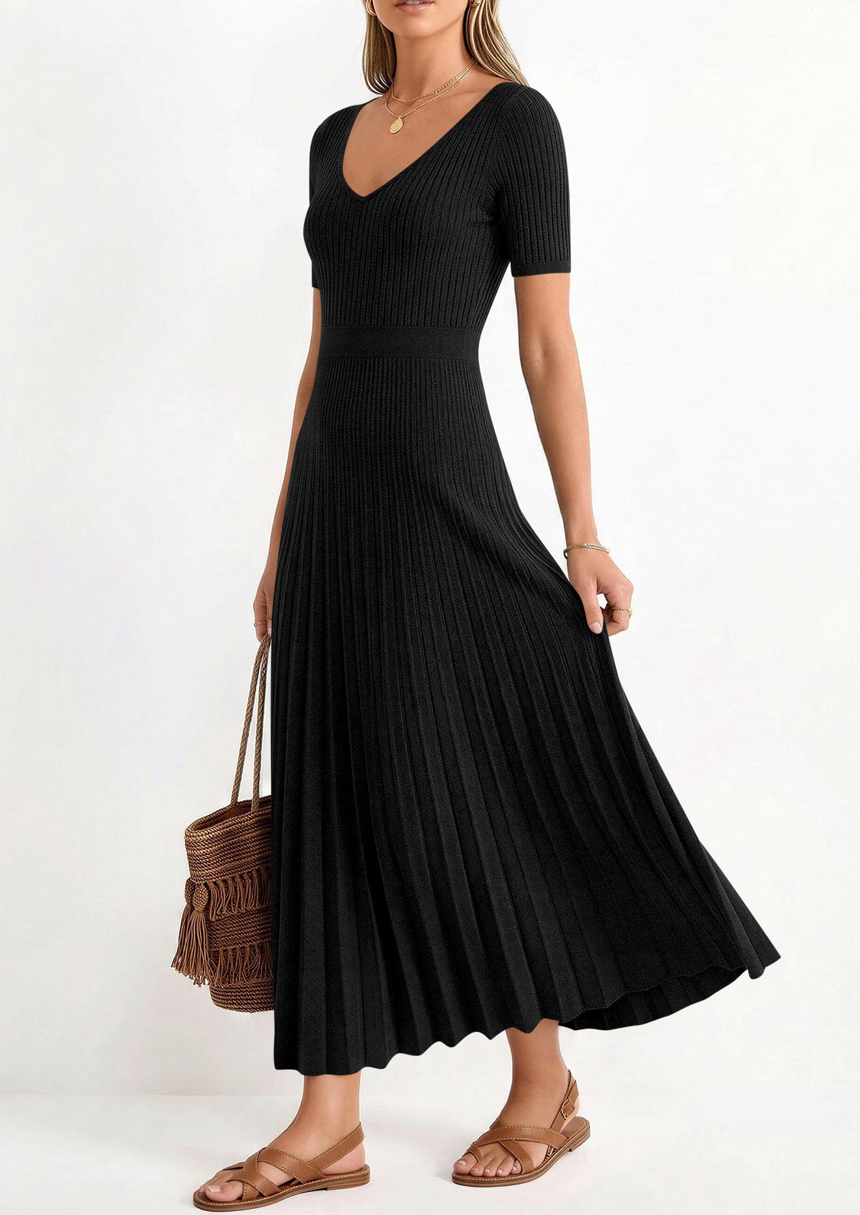 PRETTYGARDEN Women's Spring Midi Sweater Dresses Elegant Pleated Ribbed Knit Short Sleeve V Neck A Line Summer Outfits PRETTYGARDEN