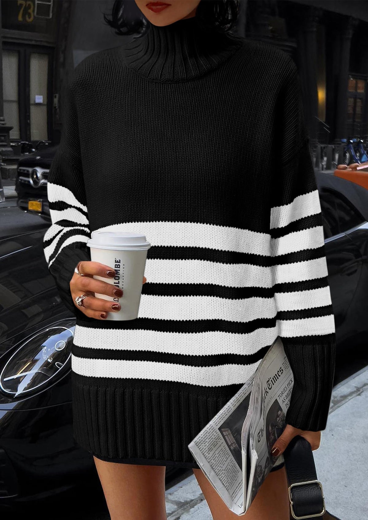 Women's Fall Striped Long Pullover Sweaters Turtleneck Long Sleeve Loose Fit Chunky Knit Casual Cute Tops Blouse