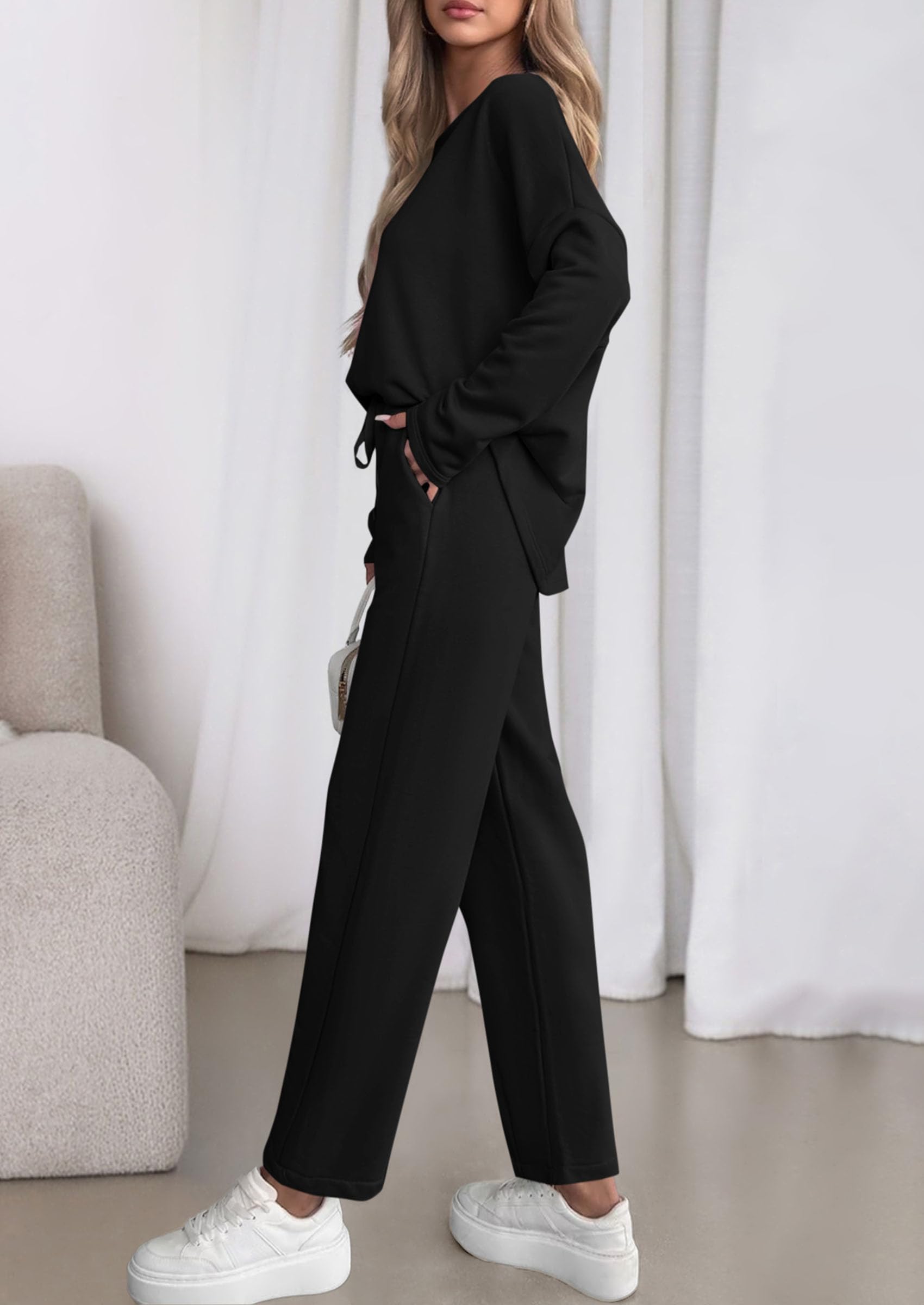 PRETTYGARDEN Womens 2 Piece Matching Lounge Sets Fall Long Sleeve Boatneck Sweatsuit Drawstring Sweatpants Pockets