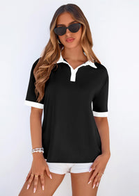 PRETTYGARDEN Summer Short Sleeve Polo Shirts for Women Collared V Neck Work Dressy Tops Knit Loose Business Casual Outfits PRETTYGARDEN