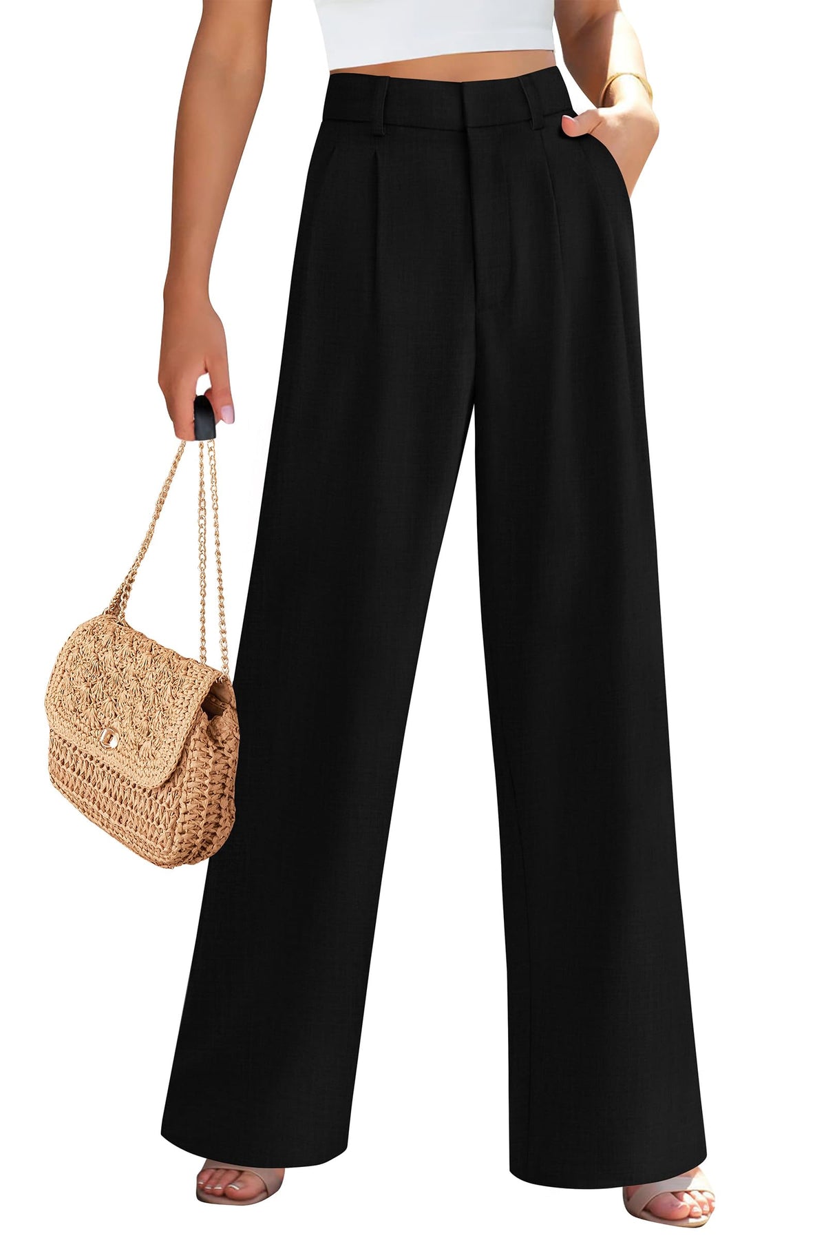 Elastic High Waisted Straight Leg Business Trousers Slacks With Pockets