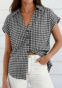 PRETTYGARDEN Womens Button Dwon Shirts V Neck Short Cap Sleeve Collared Plaid Tops Summer Spring Casual Blouses Clothes PRETTYGARDEN