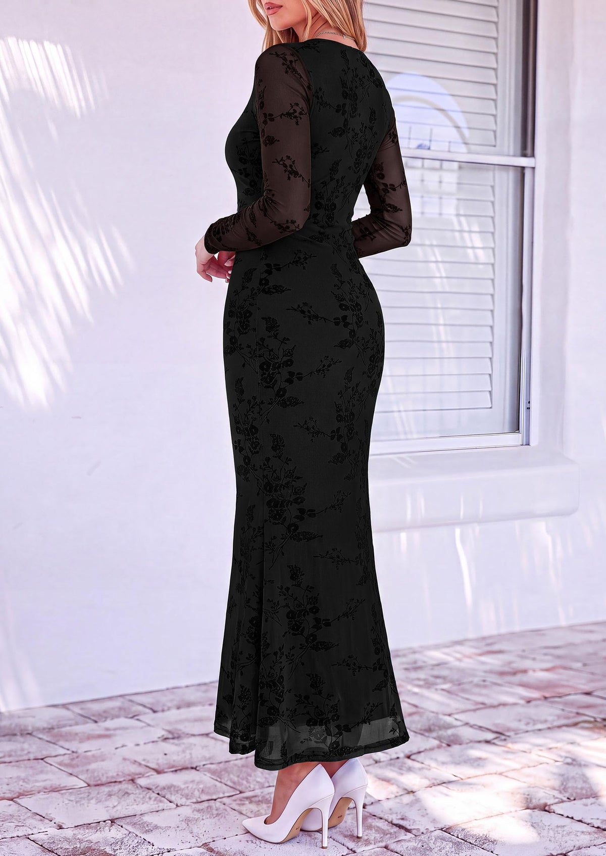 PRETTYGARDEN Women's Long Sleeve Floral Maxi Bodycon Dress  Cocktail Dresses for Wedding Guest, Square Neck, Stretchy Mesh, Elegant Classy, Formal Holiday Party, Fall Date Night Outfits