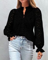 Women's Dressy Casual Blouse Tops Puff Long Sleeve Button V Neck Hollow Out Lace Embroidered Pullover Shirts