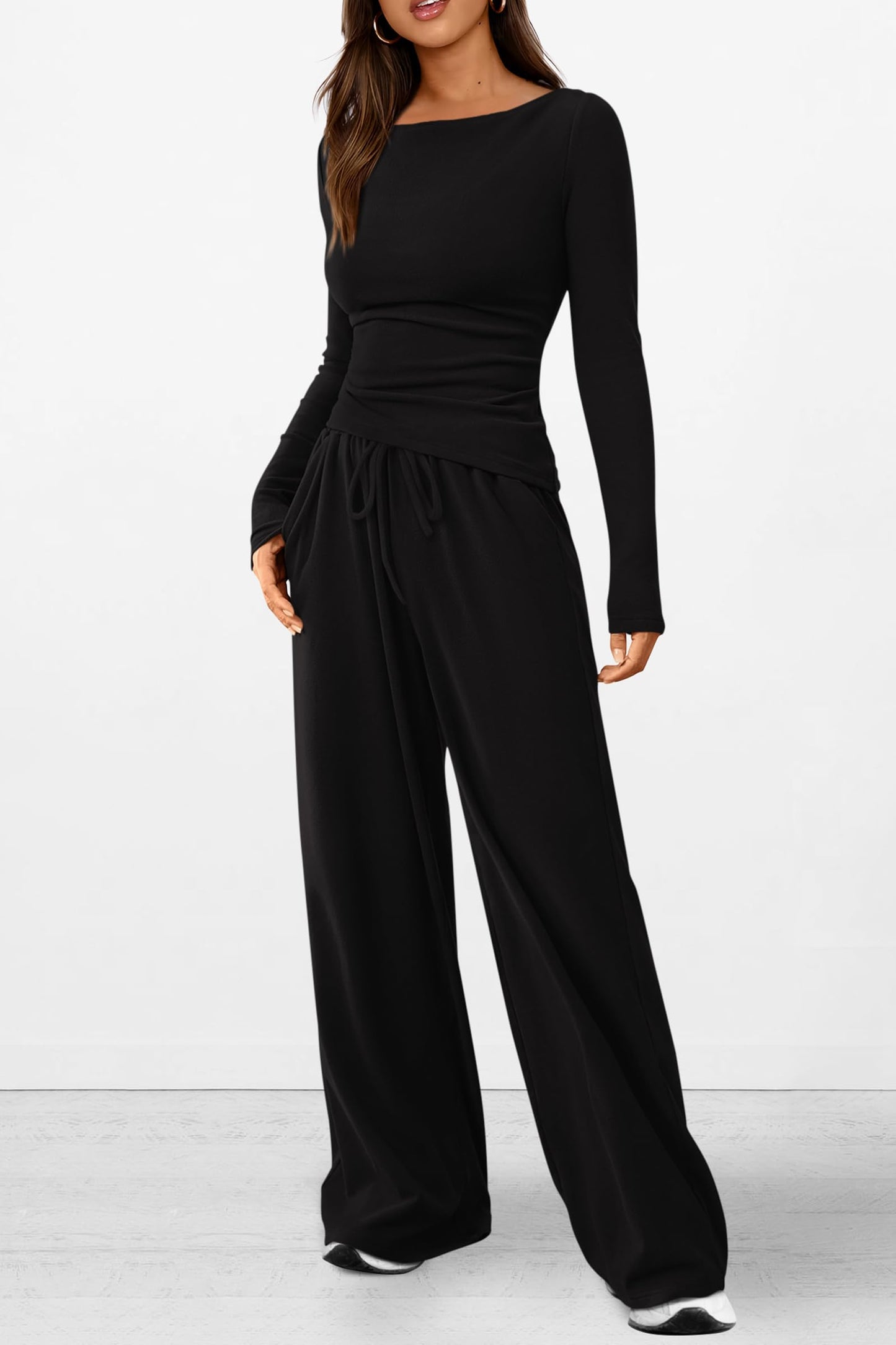 2 Piece Lounge Sets Asymmetrical Long Sleeve T Shirt Wide Leg Pants Casual Outfits Tracksuit