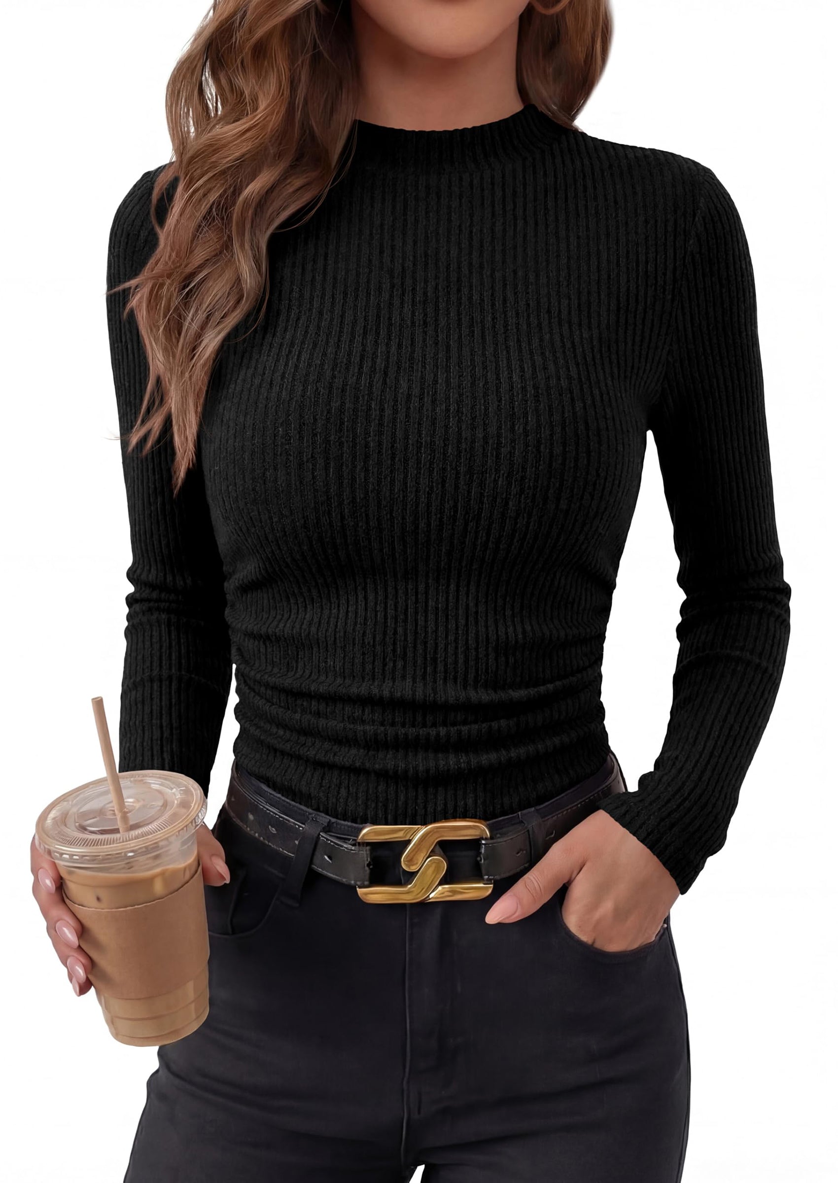 PRETTYGARDEN Womens Tops Fall Long Sleeve Going Out Shirts Ribbed Knit Mock Neck T-Shirt Fitted Ruched Y2K Crop Top
