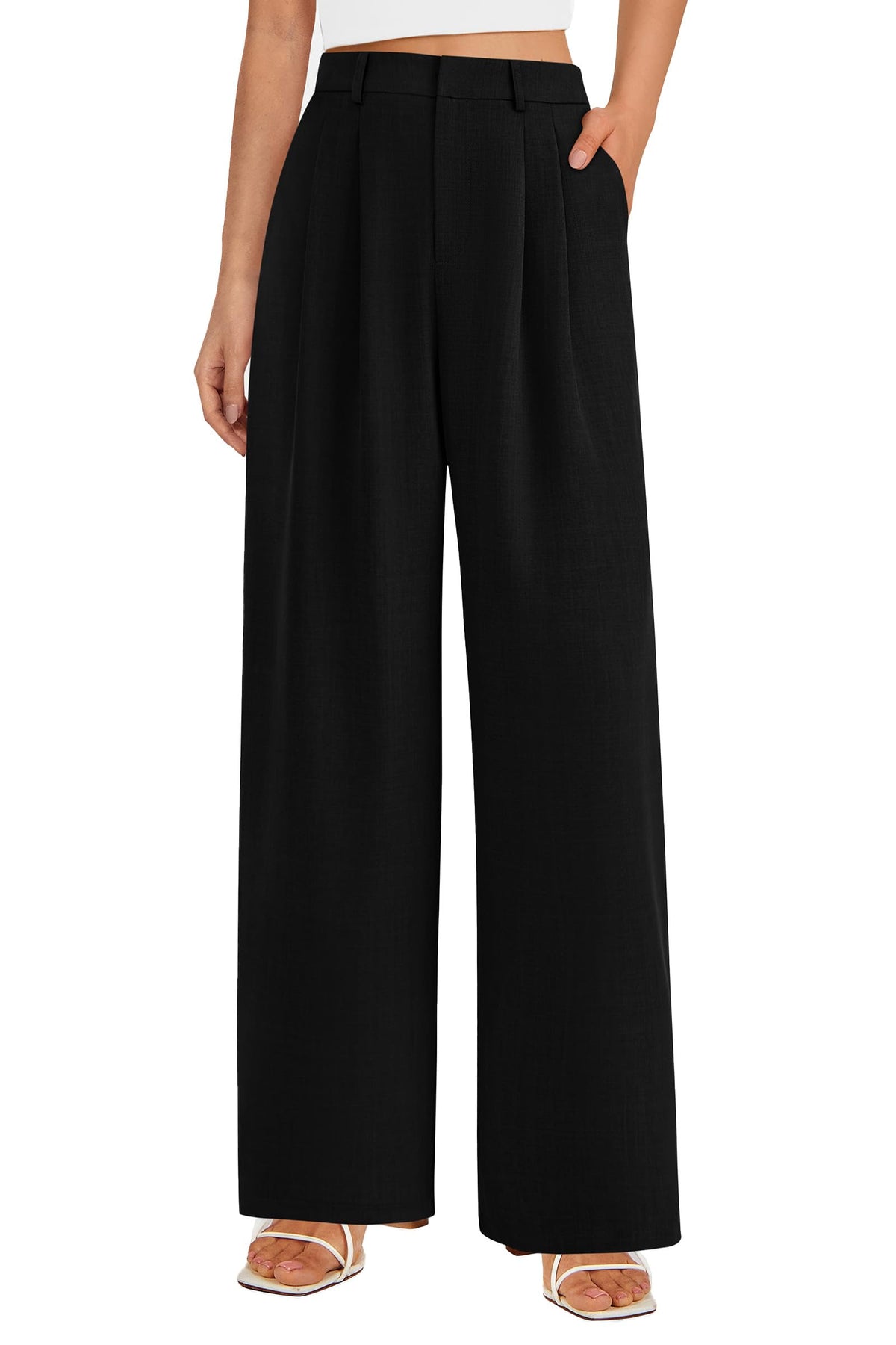 Elastic High Waisted Straight Leg Business Trousers Slacks With Pockets