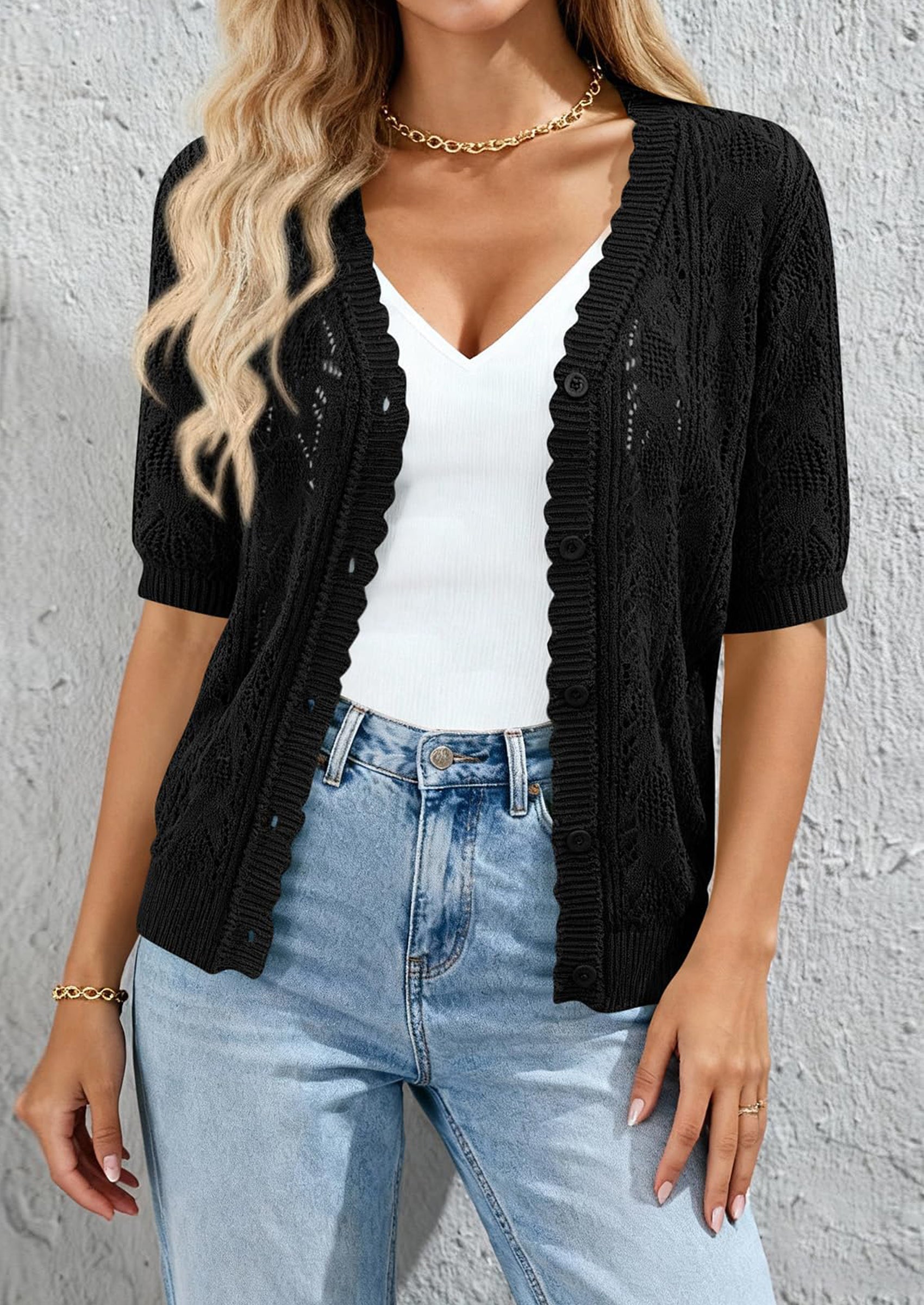 PRETTYGARDEN Short Sleeve Crochet Knit Summer Cardigans for Women Lightweight Button Down Hollow Out Sweater Beach Cover Up PRETTYGARDEN