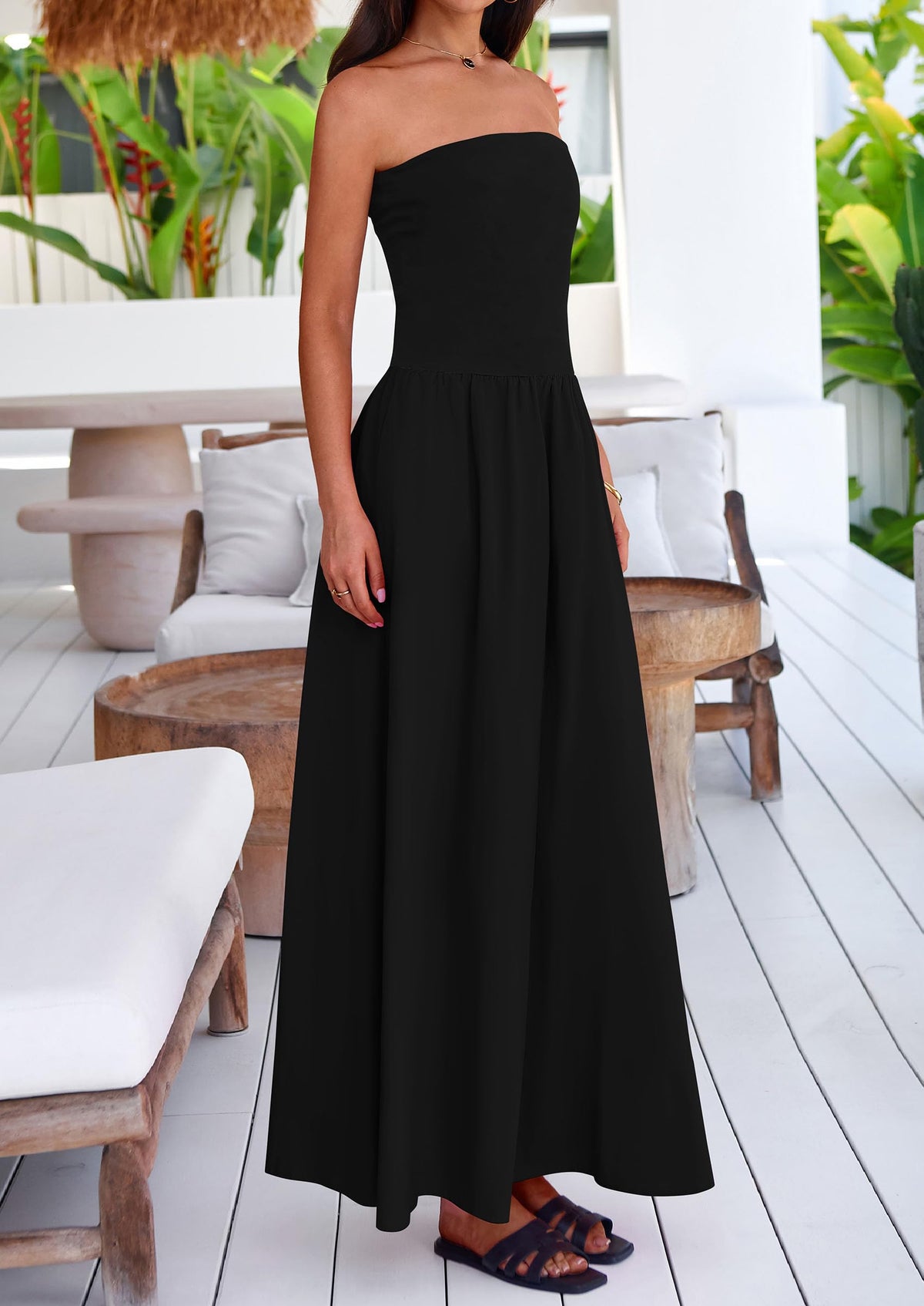 Women's 2025 Summer Strapless Maxi Dresses Patchwork Long Flowy Elegant Going Out Tube Top Dress with Pockets