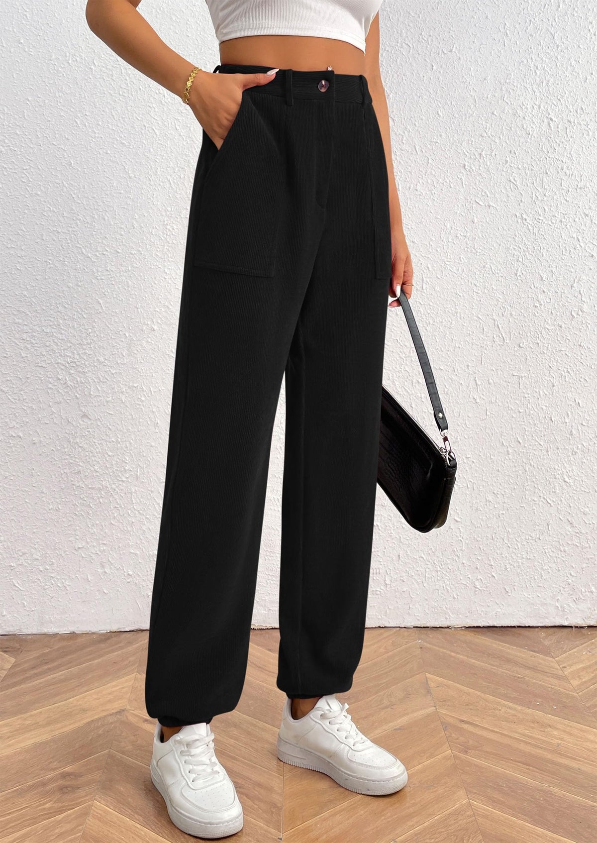 Women's Dressy Casual Pants Elastic High Waisted Work Office Corduroy Trouser Slacks with Pockets