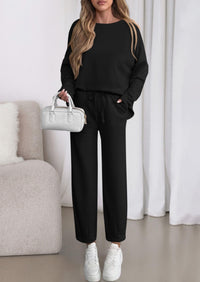 PRETTYGARDEN Womens 2 Piece Matching Lounge Sets Fall Long Sleeve Boatneck Sweatsuit Drawstring Sweatpants Pockets