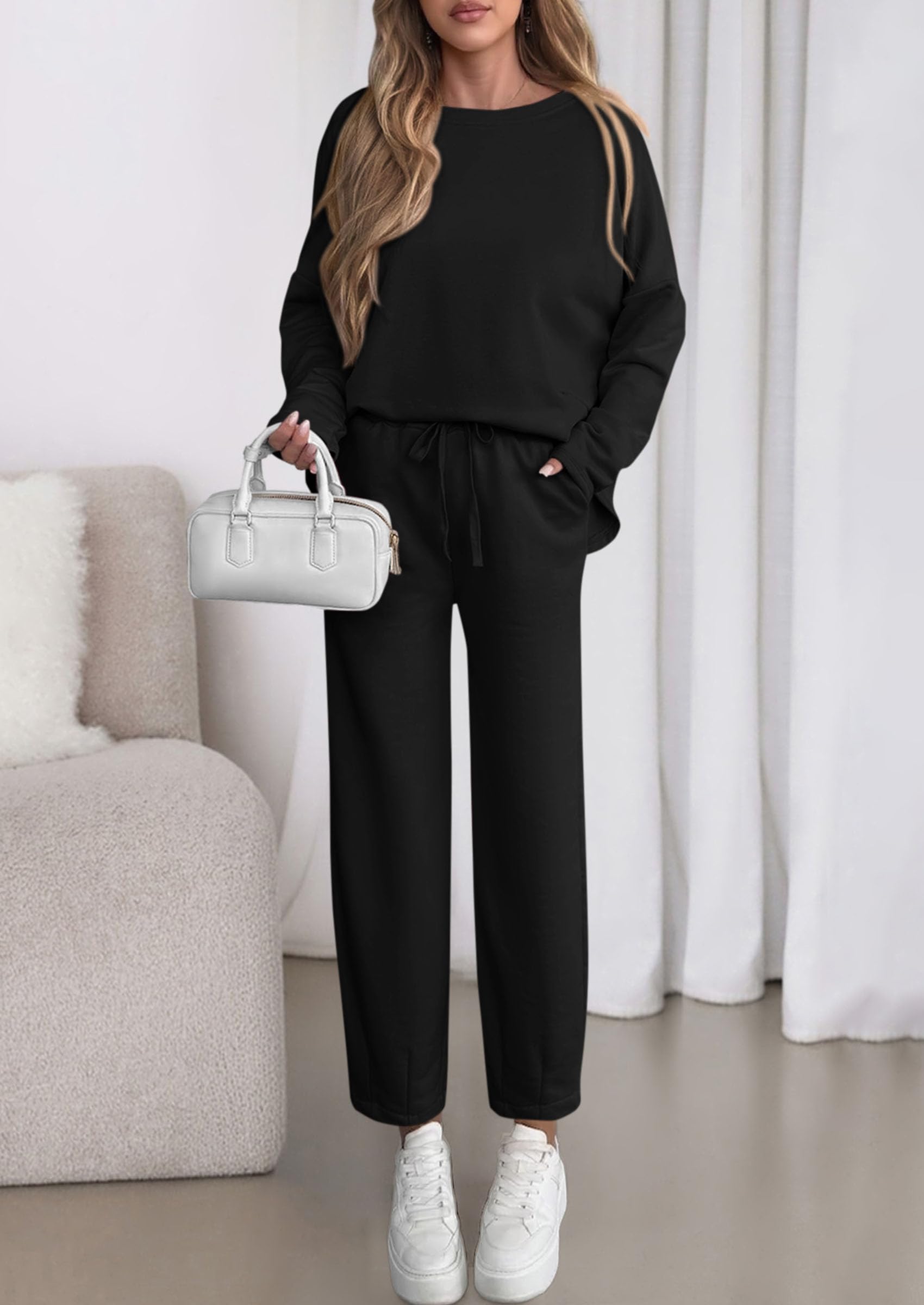 PRETTYGARDEN Womens 2 Piece Matching Lounge Sets Fall Long Sleeve Boatneck Sweatsuit Drawstring Sweatpants Pockets