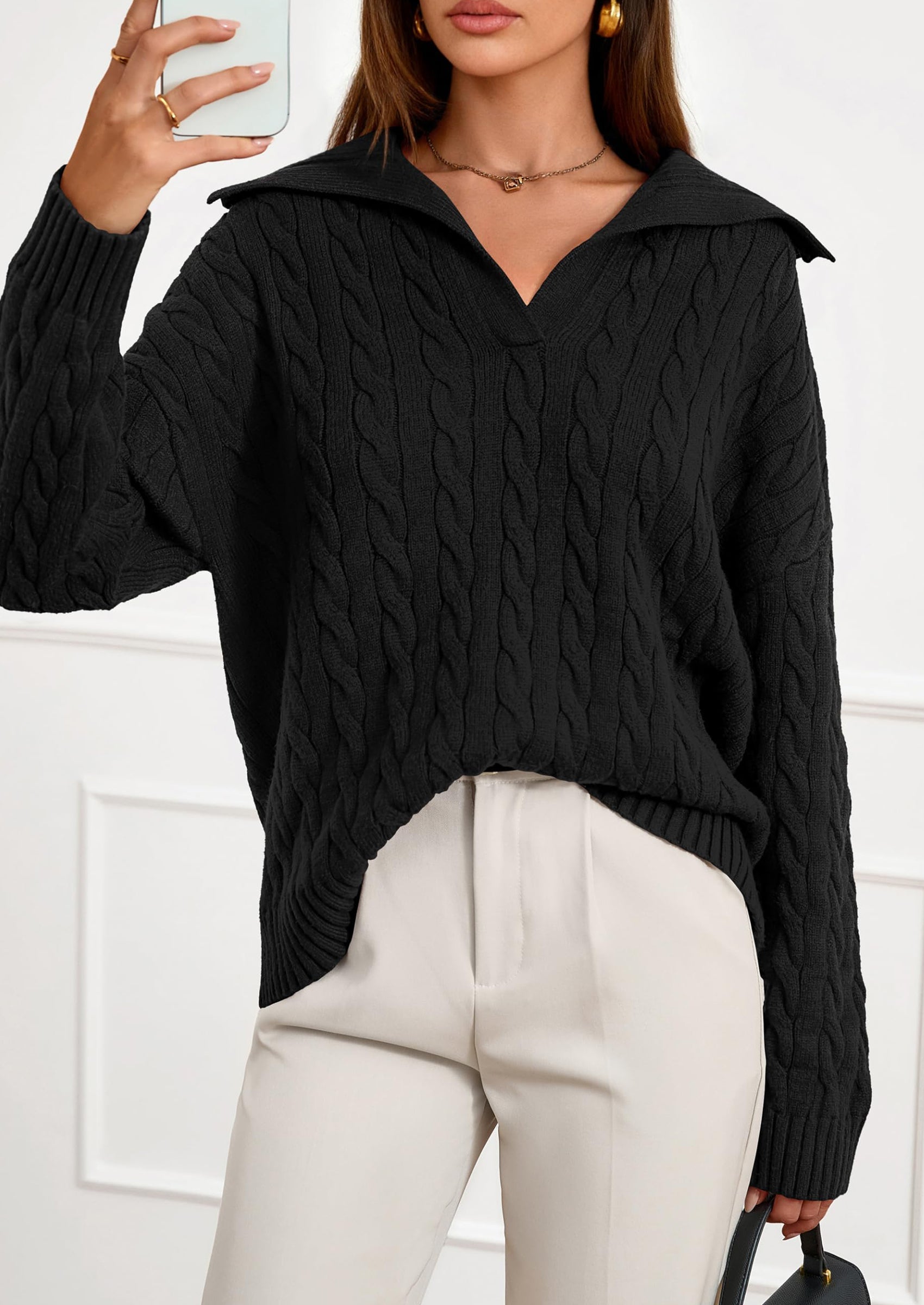 PRETTYGARDEN Fall Cable Knit Oversized Sweaters for Women Polo V Neck Long Sleeve Casual Chunky Sweater Pullover Tops PRETTYGARDEN