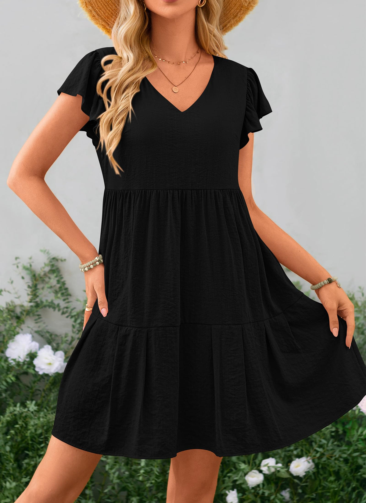 Summer Casual Cap Sleeve V Neck Tiered Ruffle Swing A Line Dresses