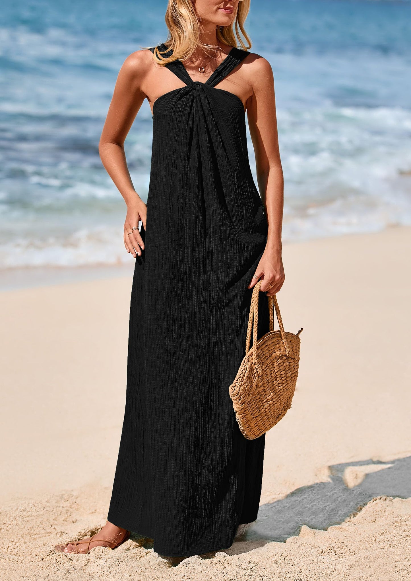 Womens 2025 Casual Long Summer Dresses Sleeveless Strappy Loose Flowy Beach Vacation Maxi Dress with Pockets