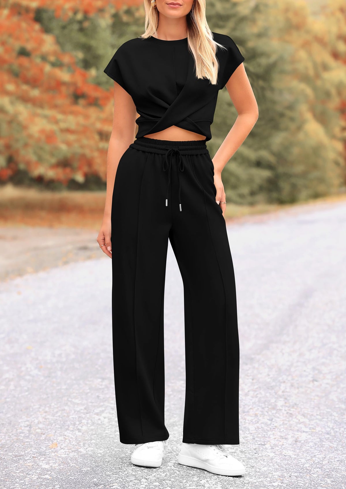 Summer Two Piece Outfits Tracksuit Twist Front Crop Tops T Shirts Wide Leg Pants Matching Lounge Sets