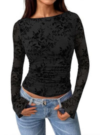 PRETTYGARDEN Women's Bell Sleeve Floral Mesh Crop Tops | Slim Fitted Shirts, Long Sleeve Going Out Top, Ruched Front, Boat Neck, Casual Blouses, Fall Date Night Outfits, Y2K Clothes