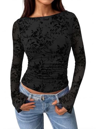 PRETTYGARDEN Women's Bell Sleeve Floral Mesh Crop Tops | Slim Fitted Shirts, Long Sleeve Going Out Top, Ruched Front, Boat Neck, Casual Blouses, Fall Date Night Outfits, Y2K Clothes