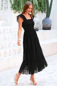 Summer Casual Sleeveless Smocked Ruffle Tulle Flowy Beach Sundress