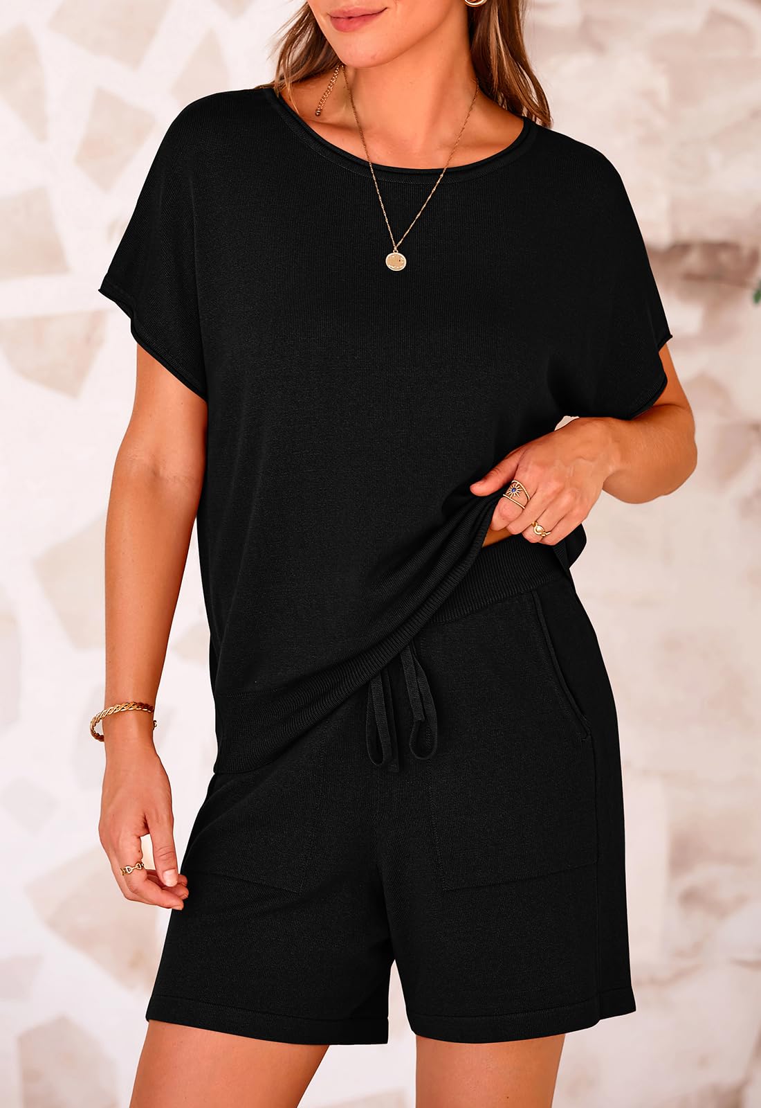 PRETTYGARDEN Two Piece Set for Women Summer Lounge Sets Shorts And Short Sleeve Tops Knitted Matching Travel Spring Outfits PRETTYGARDEN