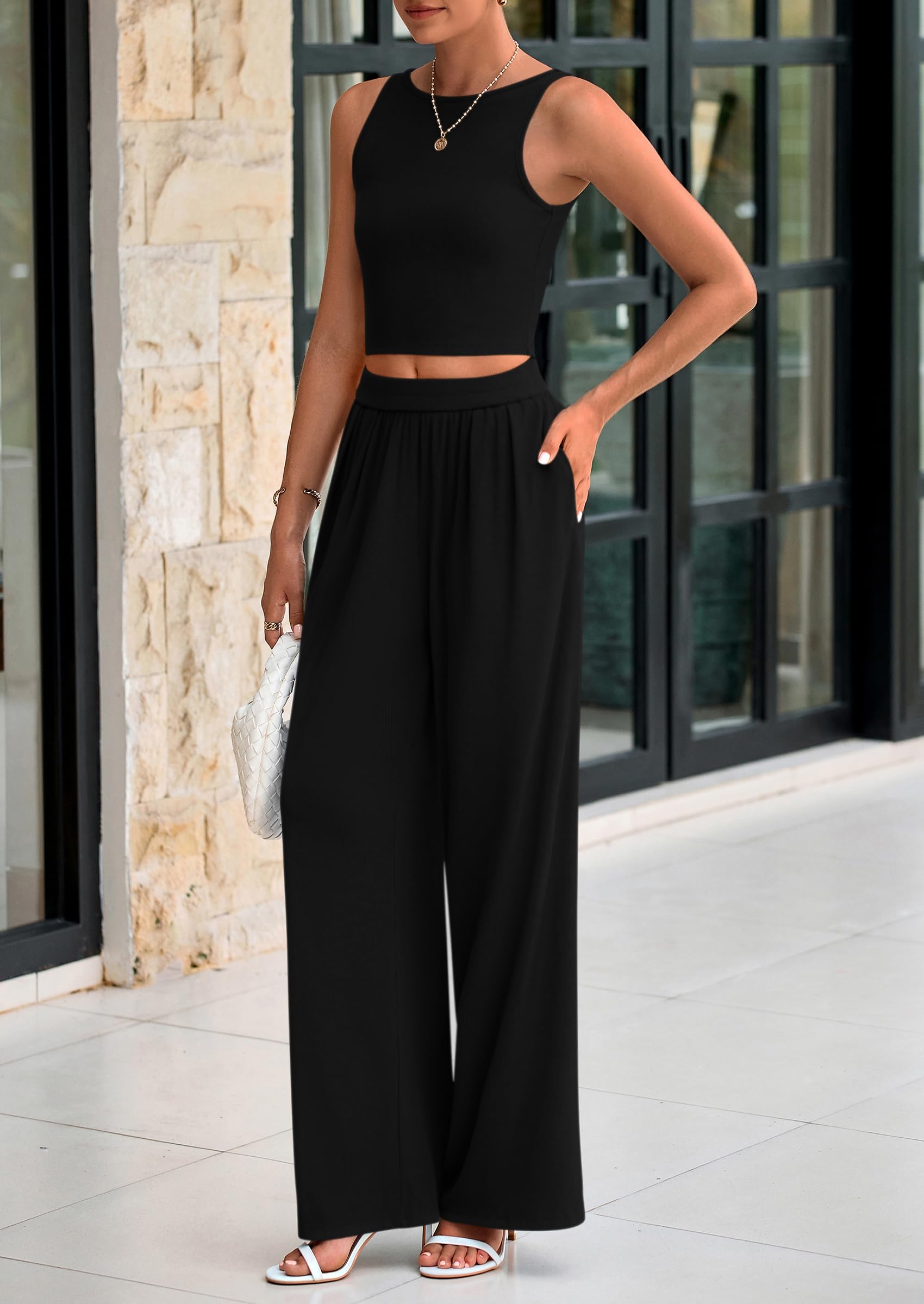 PRETTYGARDEN Two Piece Sets Ribbed Knit Crew Neck Sleeveless Tank Tops Wide Leg Pants Casual Lounge Set